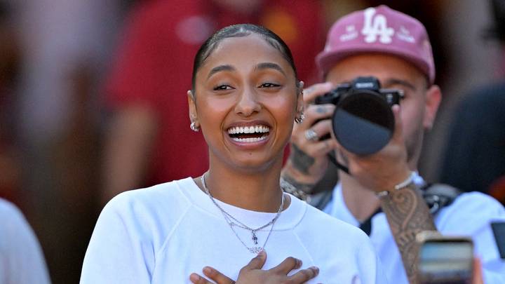 Oct 11, 2025; Los Angeles, California, USA; USC Trojans basketball player JuJu Watkins was on hand as she was named the tunnel captain the the game against the Michigan Wolverines at United Airlines Field at the Los Angeles Memorial Coliseum. Mandatory Credit: Jayne Kamin-Oncea-Imagn Images