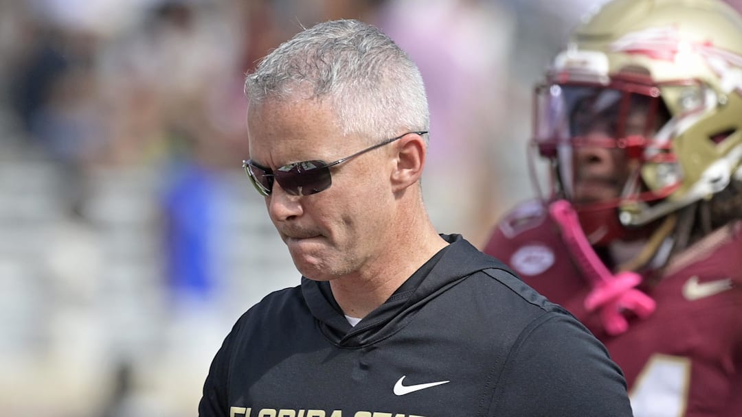 Oct 11, 2025; Tallahassee, Florida, USA; Florida State Seminoles head coach Mike Norvell after losing the game to the Pittsburgh Panthers at Doak S. Campbell Stadium. Mandatory Credit: Melina Myers-Imagn Images