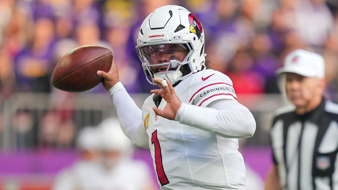 Dec 1, 2024; Minneapolis, Minnesota, USA; Arizona Cardinals quarterback Kyler Murray (1) passes against the Minnesota Vikings in the second quarter at U.S. Bank Stadium.