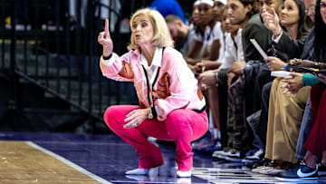 Nov 8, 2024; Baton Rouge, Louisiana, USA;  LSU Lady Tigers head coach Kim Mulkey looks on against the Northwestern State Lady Demons during the first half at Pete Maravich Assembly Center. Mandatory Credit: Stephen Lew-Imagn Images