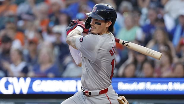 Jarren Duran of Boston Red Sox hits ball against Detroit Tigers Jarren Duran of Boston Red Sox hits ball against Detroit Tigers