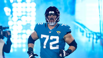 Jan 14, 2023; Jacksonville, Florida, USA; Jacksonville Jaguars offensive tackle Walker Little (72) against the Los Angeles Chargers during a wild card playoff game at TIAA Bank Field. Mandatory Credit: Mark J. Rebilas-Imagn Images