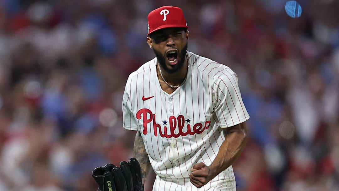 Oct 4, 2025; Philadelphia, Pennsylvania, USA; Philadelphia Phillies pitcher Cristopher Sanchez (61) reacts after striking out Los Angeles Dodgers two-way player Shohei Ohtani (not pictured) in the fifth inning during game one of the NLDS round for the 2025 MLB playoffs at Citizens Bank Park. Mandatory Credit: Bill Streicher-Imagn Images