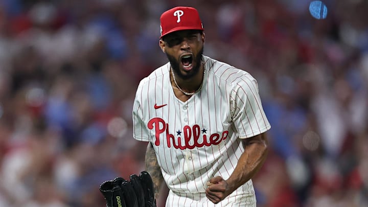 Oct 4, 2025; Philadelphia, Pennsylvania, USA; Philadelphia Phillies pitcher Cristopher Sanchez (61) reacts after striking out Los Angeles Dodgers two-way player Shohei Ohtani (not pictured) in the fifth inning during game one of the NLDS round for the 2025 MLB playoffs at Citizens Bank Park. Mandatory Credit: Bill Streicher-Imagn Images