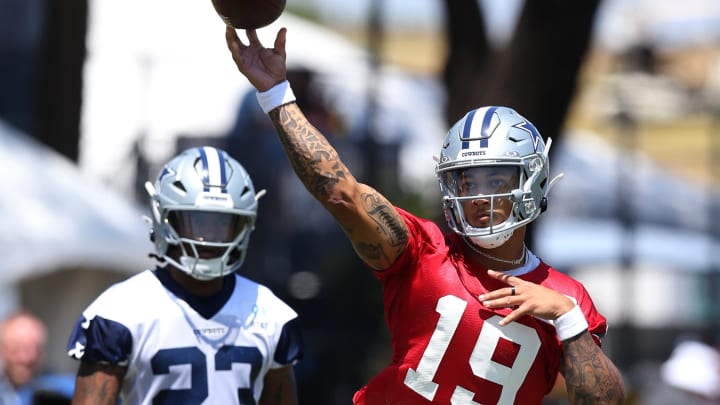 Jul 26, 2024; Oxnard, CAJul 26, 2024; Oxnard, CA, USA; Dallas Cowboys quarterback Trey Lance (19) throws during training camp at the River Ridge Playing Fields in Oxnard, California. 