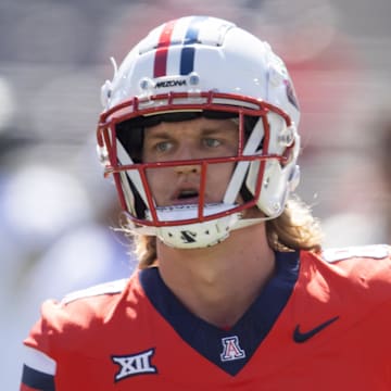 Oct 19, 2024; Tucson, Arizona, USA; Arizona Wildcats tight end Tyler Powell (87) against the Colorado Buffalos at Arizona Stadium. Mandatory Credit: Mark J. Rebilas-Imagn Images