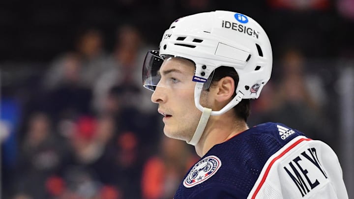 Apr 11, 2023; Philadelphia, Pennsylvania, USA; Columbus Blue Jackets right wing Carson Meyer (72) against the Philadelphia Flyers at Wells Fargo Center. Mandatory Credit: Eric Hartline-Imagn Images