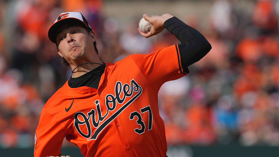 Sep 21, 2024; Baltimore, Maryland, USA; Baltimore Orioles pitcher Cade Povich (37) delivers in the first inning against the Detroit Tigers at Oriole Park at Camden Yards. Mandatory Credit: Mitch Stringer-Imagn Images