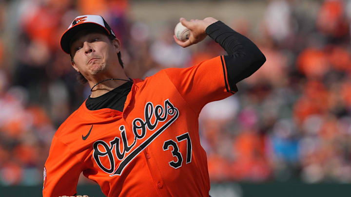 Sep 21, 2024; Baltimore, Maryland, USA; Baltimore Orioles pitcher Cade Povich (37) delivers in the first inning against the Detroit Tigers at Oriole Park at Camden Yards. Mandatory Credit: Mitch Stringer-Imagn Images