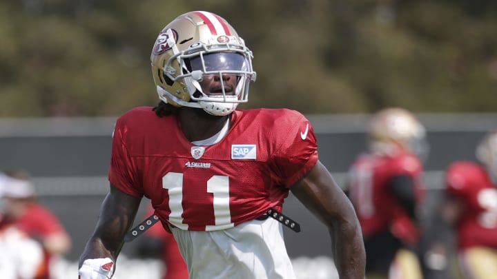 Aug 18, 2020; Santa Clara, CA, USA; San Francisco 49ers wide receiver Brandon Aiyuk (11) runs during training camp at SAP Performance Facility. Mandatory Credit: San Francisco 49ers/Pool Photo via USA TODAY Network