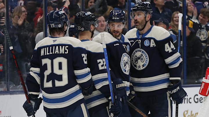 Apr 17, 2025; Columbus, Ohio, USA; Columbus Blue Jackets center Sean Kuraly (7) celebrates his goal against the New York Islanders during the second period at Nationwide Arena. Mandatory Credit: Russell LaBounty-Imagn Images