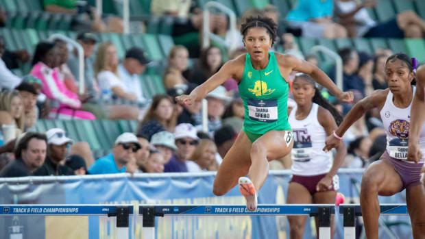Oregon’s Shana Grebo competes in the women’s 400 meter hurdles on day two of the NCAA Outdoor Track & Field Championships Thursday, June 6, 2024, at Hayward Field in Eugene, Ore.