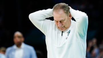 Michigan State head coach Tom Izzo reacts to a play against North Carolina during the second half of the NCAA tournament West Region second round at Spectrum Center in Charlotte, N.C. on Saturday, March 23, 2024.