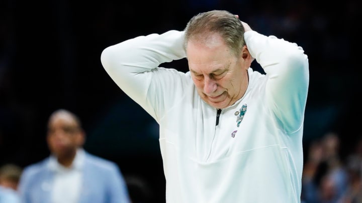 Michigan State head coach Tom Izzo reacts to a play against North Carolina during the second half of the NCAA tournament West Region second round at Spectrum Center in Charlotte, N.C. on Saturday, March 23, 2024.