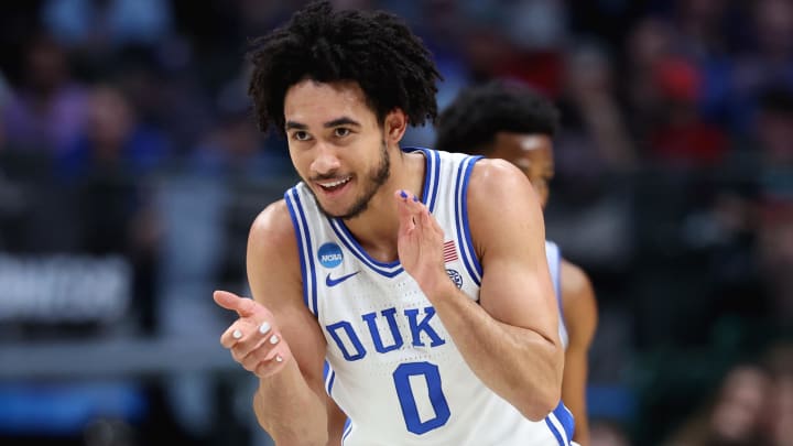 Mar 31, 2024; Dallas, TX, USA; Duke Blue Devils guard Jared McCain (0) reacts in the first half against the North Carolina State Wolfpack in the finals of the South Regional of the 2024 NCAA Tournament at American Airline Center. Mandatory Credit: Kevin Jairaj-USA TODAY Sports