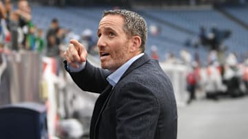 Aug 15, 2024; Foxborough, MA, USA; Philadelphia Eagles executive vice president and general manager Howie Roseman speaks to fans before a game between the New England Patriots and the Philadelphia Eagles at Gillette Stadium. Mandatory Credit: Eric Canha-Imagn Images