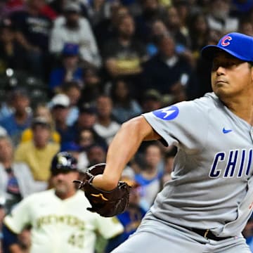 Chicago Cubs pitcher Shota Imanaga (18) throws a pitch during the first inning against the Milwaukee Brewers during game two of the NLDS round for the 2025 MLB playoffs at American Family Field. 