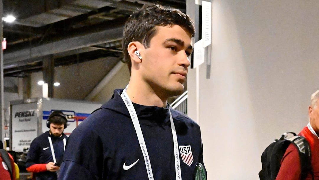 Mar 23, 2025; Inglewood, California, USA; United States of America midfielder Gio Reyna (7) arrives before the Concacaf Nations League third place match at SoFi Stadium. 