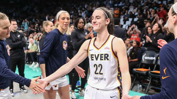 May 18, 2024; Brooklyn, New York, USA;  Indiana Fever guard Caitlin Clark (22) at Barclays Center. Mandatory Credit: Wendell Cruz-USA TODAY Sports