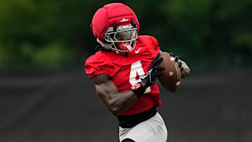 Ohio State Buckeyes wide receiver Jeremiah Smith (4) catches a pass during the first football practice of the season at the Woody Hayes Athletic Center on July 31, 2025.