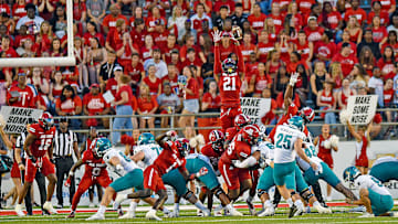 Coastal Carolina's Kade Hensley makes a field goal as Jacksonville State's Austin Ambush attempts a block during college football action at Burgess-Snow Field AmFirst Stadium in Jacksonville, Alabama August 29, 2024. (Dave Hyatt / Special to the Gadsden Times)