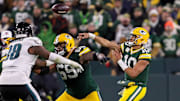 Green Bay Packers quarterback Jordan Love (10) passes the ball against the Philadelphia Eagles on Monday, November 10, 2025, at Lambeau Field in Green Bay, Wis. The Eagles won the game, 10-7.