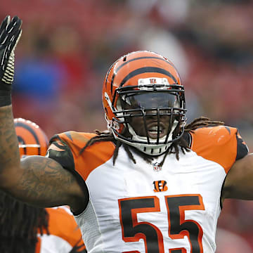 Cincinnati Bengals outside linebacker Vontaze Burfict (55) reacts to a defensive stop in the fourth quarter during the Week 15 NFL game between the Cincinnati Bengals and the San Francisco 49ers, Sunday, Dec. 20, 2015, at Levi's Stadium in Santa Clara, California. The Bengals won 24-14, improving to 11-3 on the season.

122015 Bengals 49ers