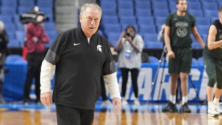 Mar 18, 2026; Buffalo, NY, USA; Michigan State Spartans head coach Tom Izzo observes during a practice session ahead of the first round of the men's 2026 NCAA Tournament at Keybank Center. Mandatory Credit: Gregory Fisher-Imagn Images