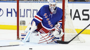 Apr 17, 2025; New York, New York, USA;  New York Rangers goaltender Igor Shesterkin (31) defends the net in the second period against the Tampa Bay Lightning at Madison Square Garden. Mandatory Credit: Wendell Cruz-Imagn Images