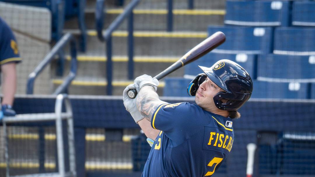 Milwaukee Brewers infield prospect Andrew Fischer hits during spring training workouts Tuesday, February 17, 2026, at American Family Fields of Phoenix in Phoenix, Arizona.