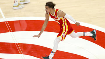 May 28, 2021; Atlanta, Georgia, USA; Atlanta Hawks guard Trae Young (11) celebrates a basket against the New York Knicks in the fourth quarter during game three in the first round of the 2021 NBA Playoffs at State Farm Arena. Mandatory Credit: Brett Davis-Imagn Images
