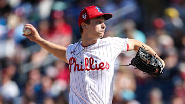 Philadelphia Phillies pitcher Mick Abel (74) throws a pitch against the New York Yankees in the sixth inning at BayCare Ballpark