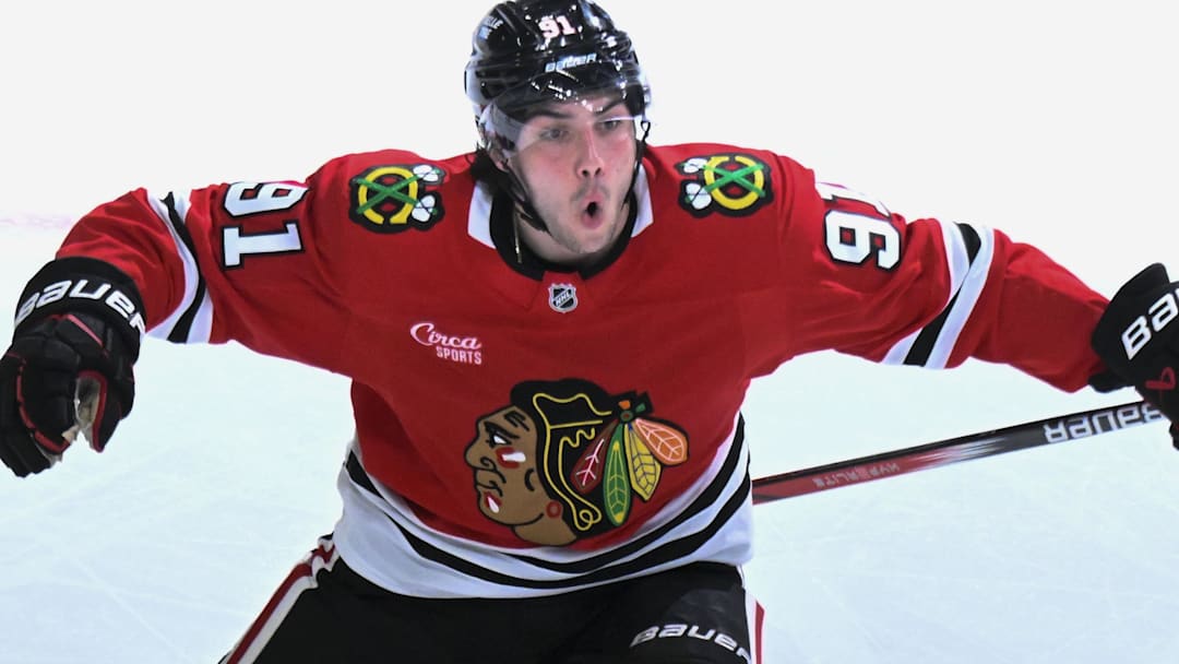 Apr 12, 2025; Chicago, Illinois, USA;  Chicago Blackhawks center Frank Nazar (91) celebrates after scoring a goal against the Winnipeg Jets during the third period at United Center. Mandatory Credit: Matt Marton-Imagn Images