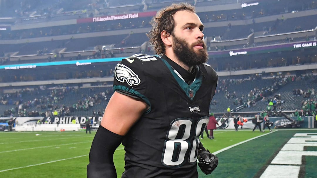 Dec 25, 2023; Philadelphia, Pennsylvania, USA; Philadelphia Eagles tight end Dallas Goedert (88) walks off the field against the New York Giants at Lincoln Financial Field. Mandatory Credit: Eric Hartline-Imagn Images