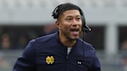 Nov 15, 2025; Pittsburgh, Pennsylvania, USA;  Notre Dame Fighting Irish head coach Marcus Freeman reacts after an Irish touchdown against the Pittsburgh Panthers during the second quarter at Acrisure Stadium. 