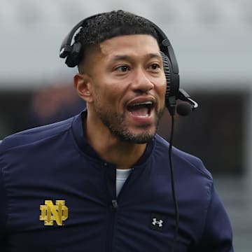 Nov 15, 2025; Pittsburgh, Pennsylvania, USA;  Notre Dame Fighting Irish head coach Marcus Freeman reacts after an Irish touchdown against the Pittsburgh Panthers during the second quarter at Acrisure Stadium. 