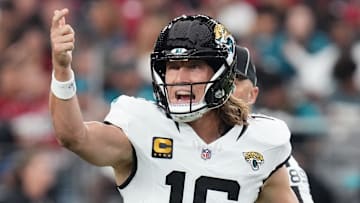 Jacksonville Jaguars quarterback Trevor Lawrence (16) calls out a play from the line of scrimmage against the Arizona Cardinals at State Farm Stadium on Nov. 23, 2025.