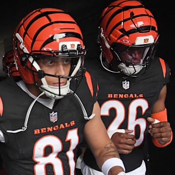 Aug 7, 2025; Philadelphia, Pennsylvania, USA; Cincinnati Bengals wide receiver Jermaine Burton (81) and safety Tycen Anderson (26) in the tunnel against the Philadelphia Eagles at Lincoln Financial Field. Mandatory Credit: Eric Hartline-Imagn Images