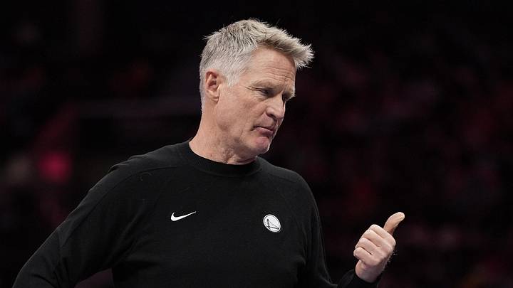 Dec 31, 2025; Charlotte, North Carolina, USA; Golden State Warriors head coach Steve Kerr reacts to a call during the second quarter against the Charlotte Hornets at Spectrum Center. Mandatory Credit: Jim Dedmon-Imagn Images