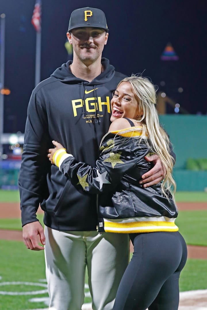 Pittsburgh Pirates starting pitcher Paul Skenes poses with his girlfriend Louisiana State University gymnast Livvy Dunne. 