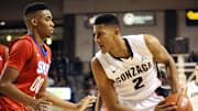 Nov 17, 2014; Spokane, WA, USA; Gonzaga Bulldogs forward Angel Nunez (2) tries to get by Southern Methodist Mustangs forward Ben Moore (00).