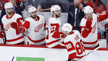 Dec 20, 2023; Winnipeg, Manitoba, CAN; Detroit Red Wings right wing Patrick Kane (88) celebrates his