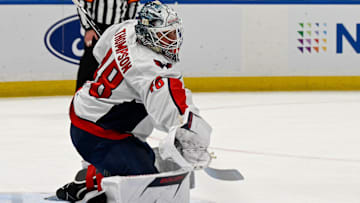 Nov 30, 2025; Elmont, New York, USA;  Washington Capitals goaltender Logan Thompson (48) makes a glove save against the New York Islanders during the second period at UBS Arena. Mandatory Credit: Dennis Schneidler-Imagn Images