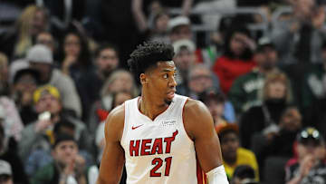 Mar 22, 2019; Milwaukee, WI, USA; Miami Heat center Hassan Whiteside (21) at Fiserv Forum. Mandatory Credit: Michael McLoone-Imagn Images