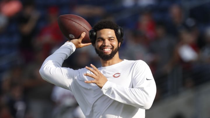 Aug 1, 2024; Canton, Ohio, USA; Chicago Bears quarterback Caleb Williams (18) warms up before the game against the Houston Texans at Tom Benson Hall of Fame Stadium.