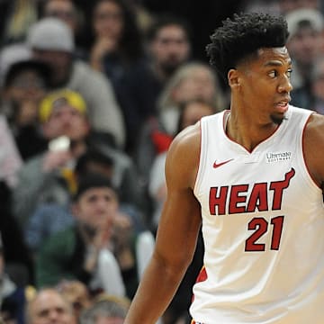 Mar 22, 2019; Milwaukee, WI, USA; Miami Heat center Hassan Whiteside (21) at Fiserv Forum. Mandatory Credit: Michael McLoone-Imagn Images