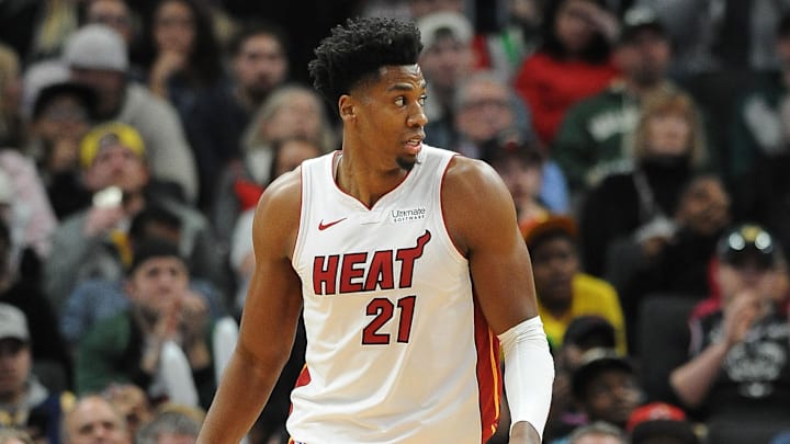 Mar 22, 2019; Milwaukee, WI, USA; Miami Heat center Hassan Whiteside (21) at Fiserv Forum. Mandatory Credit: Michael McLoone-Imagn Images