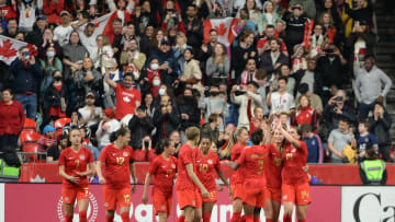 Apr 8, 2022; Vancouver, BC, Canada;  Women's Canadian National defender Vanessa Gilles (14) celebrates her goal against Women's Nigeria National team during the second half at BC Place. Mandatory Credit: Anne-Marie Sorvin-USA TODAY Sports