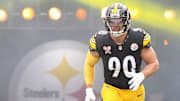 Dec 25, 2024; Pittsburgh, Pennsylvania, USA;  Pittsburgh Steelers linebacker T.J. Watt (90) takes the field against the Kansas City Chiefs at Acrisure Stadium.