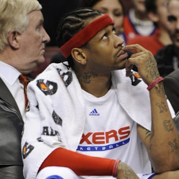 Feb 16, 2010; Philadelphia, PA, USA; Philadelphia 76ers guard Allen Iverson (3) checks the scoreboard during the fourth quarter against the Miami Heat at the Wachovia Center. The Heat defeated the 76ers 105-78. Mandatory Credit: Howard Smith-Imagn Images